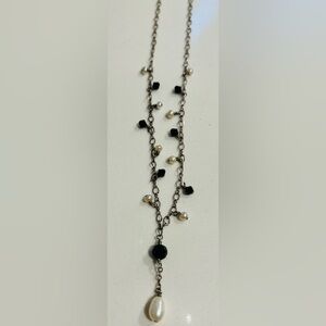 VINTAGE Sterling Silver “Y” Drop Freshwater Pearl Jet Beaded Pendant Necklace.